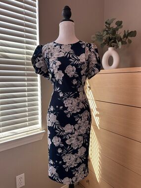 Calvin Klein Navy and White Floral Puff-Sleeve Midi Dress